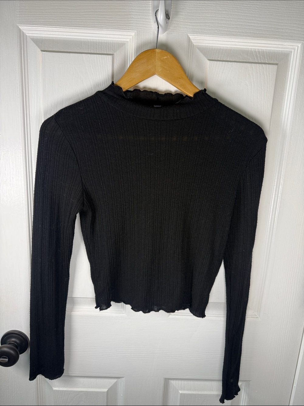 Ambiance Black Ribbed Lettuce-Edge Mock Neck Long Sleeve Top